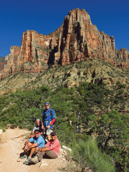 Left to right, front: Bill Halte, Marilyn Reynolds; rear: Clare Bangs, Lynn Warren (photographer) on the North Kaibab Trail with Roaring Springs in the background.