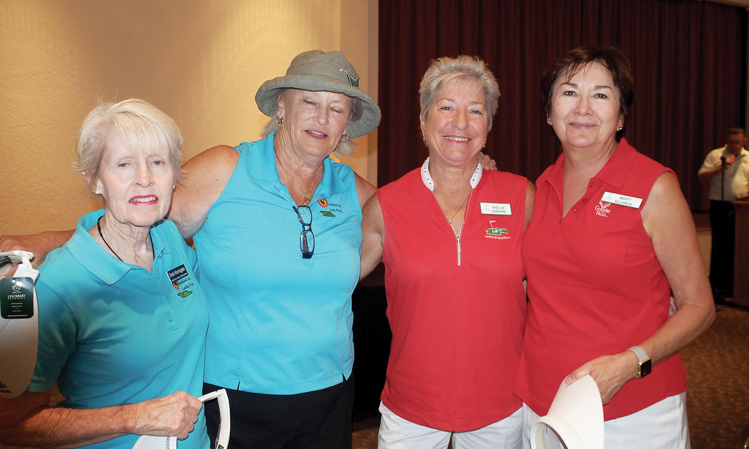 Eagle’s Nest Front Nine Winners: Dede Harrington, Shellie Carbone SCG and Mary Villareal SCG with PCL9GA President Lynn Bishop-Pidcock; missing from the photo is Janet Jeans.