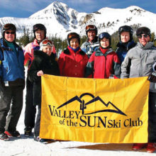 Left to right: Ted McGovern, Lynn Warren, Rose Geller, Carol and Jim Jarvis, Sheryl Henke and David Shenton and Lou Geller enjoying great conditions at Big Sky in February, 2016.