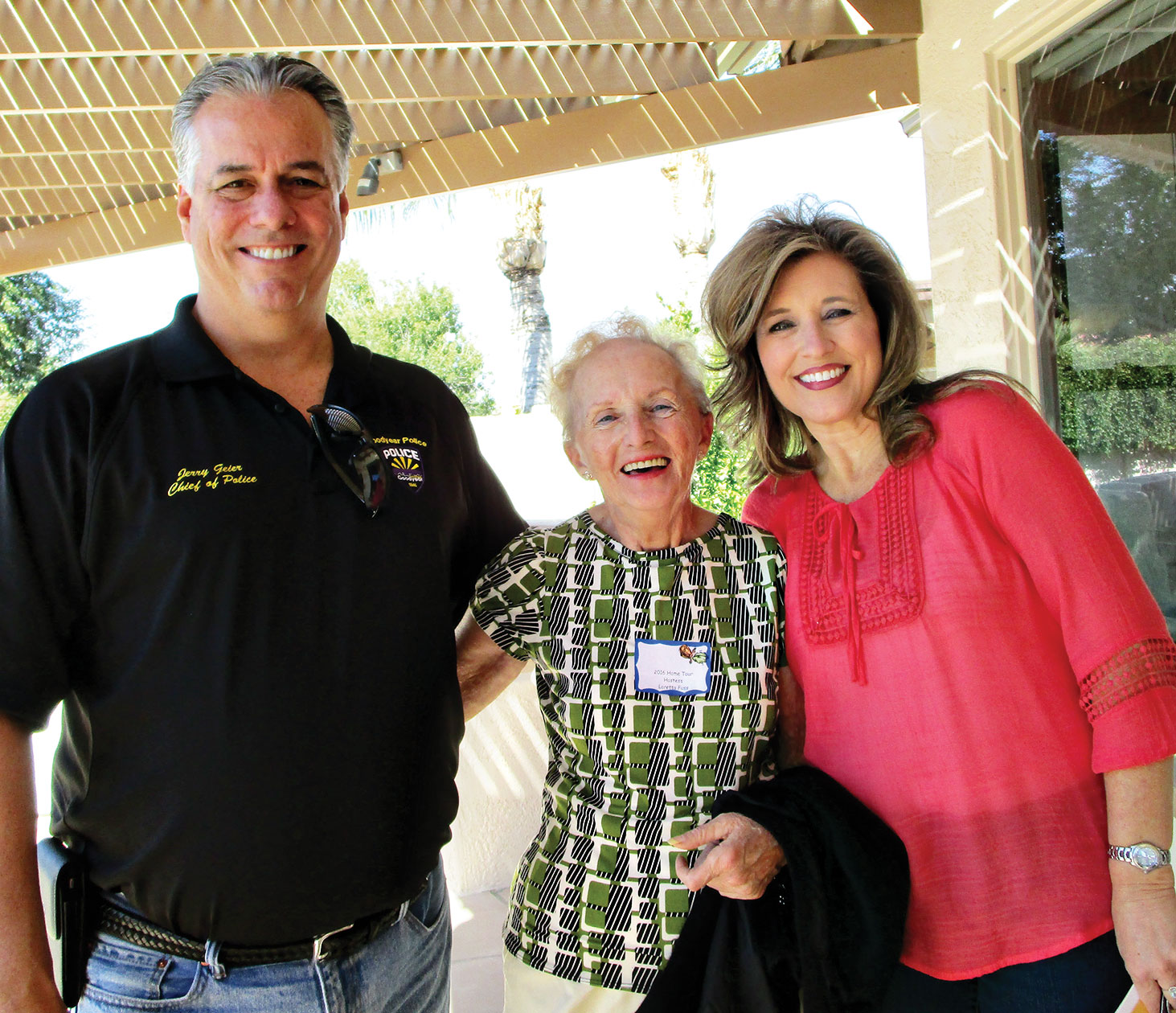 Left to right: Goodyear Chief of Police Jerry Geier, Hostesses Loretta Fuss and Shari Geier at the 20th annual PebbleCreek Home and Garden Tour
