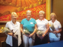 Left to right: Newly elected officers for 2017-2018 for Central Arizona Golf District - Treasurer Carole Weiler (Coyote Lakes), Secretary Linda Laning (Kokopelli), Vice President Judi Sloan (Sun Lakes Oakwood) and Appointed Membership Chair Donnie Meyers (PebbleCreek)