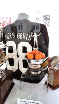 One of the special exhibits Orvis saw for the first time featured his personal memorabilia he donated to the Hall of Fame. Orvis contributed his University of Colorado helmet, game jersey, Liberty Bowl ring, game ball from a 1971 win over Ohio State and other items.