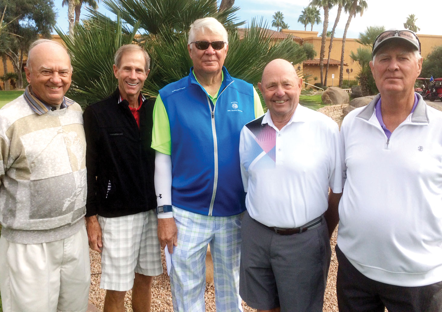Hole-in-one winners, left to right: Jim Bundschuh, Jerry Davis, John Stergulz, Chuck “Gus” Gustafson and Jerry Monk