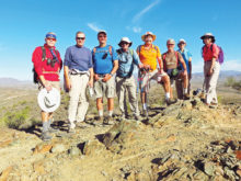 Left to right: Lynn Warren (photographer), Les Reister, Tom Wellman, Jim Gillespie, Steve Ducanson, Gary Bray, Judy Sonndag and Beverly Kim on the Ridgeback Trail high above Apache Wash.