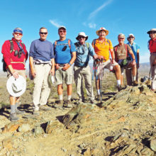 Left to right: Lynn Warren (photographer), Les Reister, Tom Wellman, Jim Gillespie, Steve Ducanson, Gary Bray, Judy Sonndag and Beverly Kim on the Ridgeback Trail high above Apache Wash.