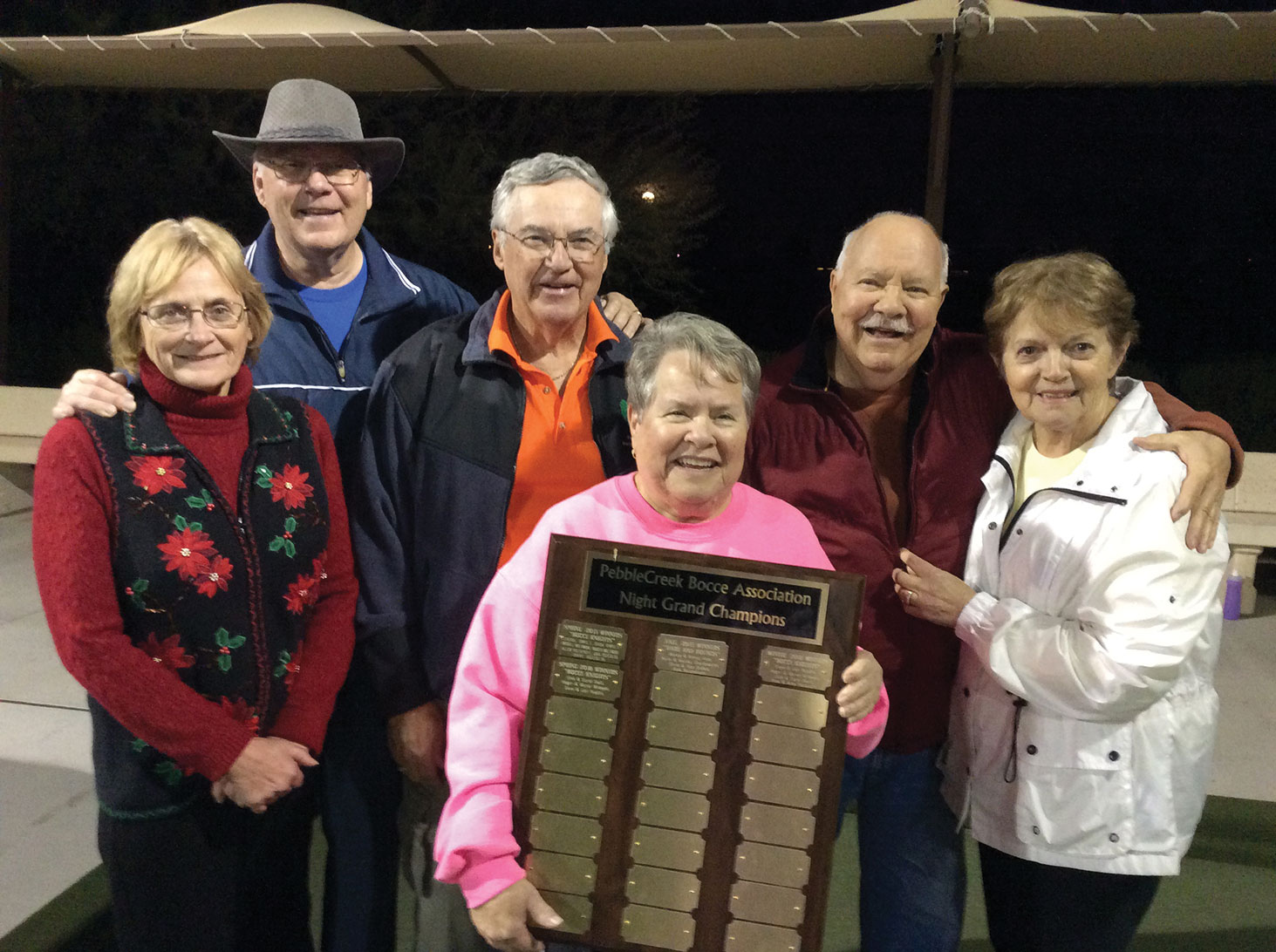 Members of the Bocce Knights, Grand Champions of the Fall Season Night Leagues are (left to right): Muriel Milewski, Roger Milewski, Dick Gwilt, Team Captain Carol Gwilt, Team Co-Captain Dave Ruedlin and Jan Ruedlin; not pictured are Alex Potapoff and Amy Potapoff.