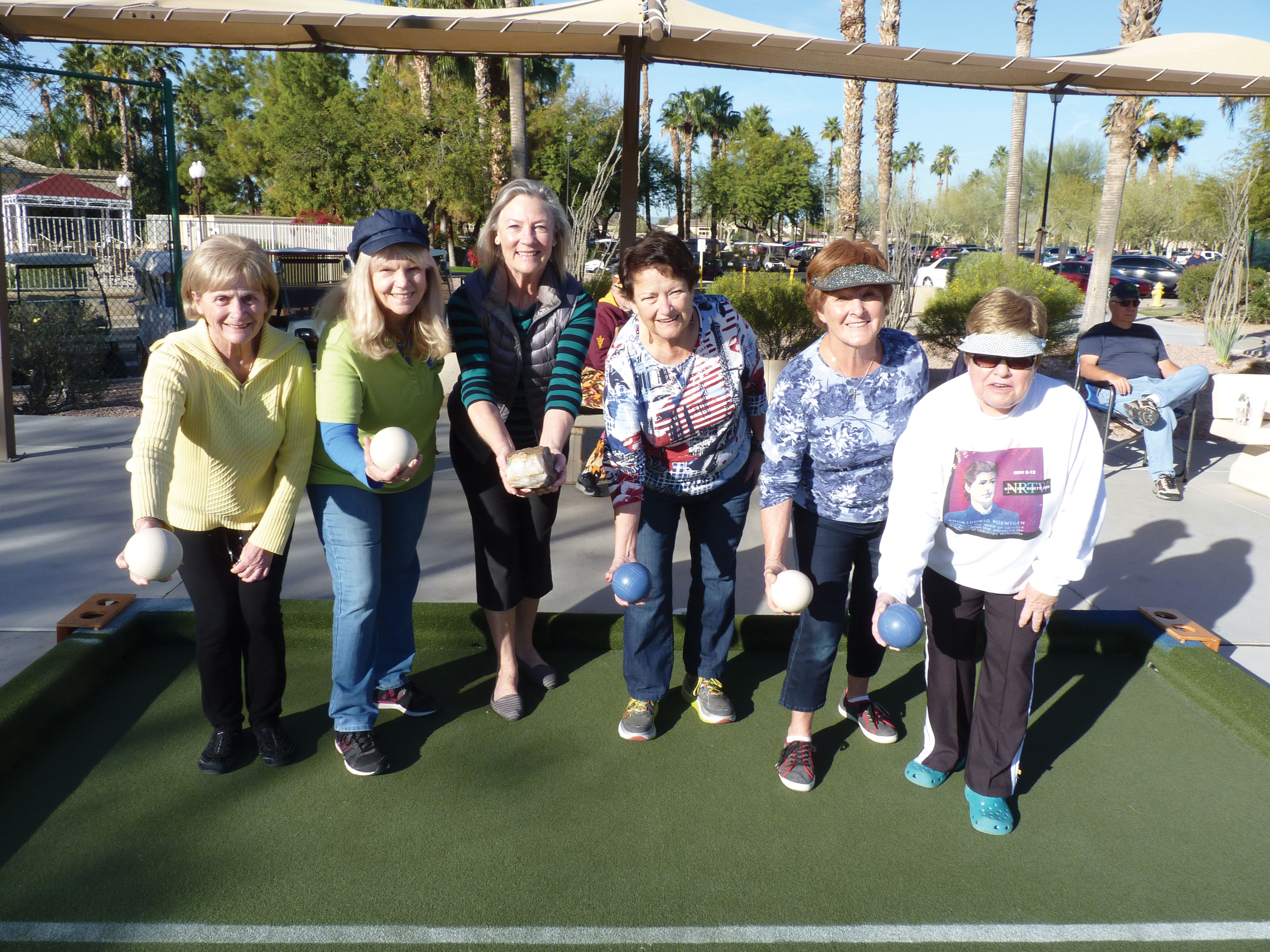 Ready to rock ‘n roll for charity are some of the female members of the PebbleCreek Bocce Association who will be participating in the organization’s first annual Ladies Bocce Ball Tournament for Charity on Saturday, March 4. All proceeds will benefit the New Life Center in Goodyear. Left to right are Muriel Milewski, Mary Ann Evans, Millissa Masters, Priscilla Naworski, Faye Ralph and Carol Gwilt; photo by Roger Milewski