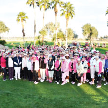PCLGA Pink Power participants, front row left of middle: Co-Chairs Linda Glazar (pink wig) and to her left Ellen Stergulz