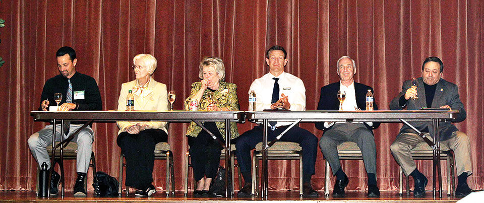 Candidates from left: Jayson Black, Mayor Georgia Lord, Council Member Wally Campbell, Brannon Hampton, Former Mayor Jim Cavanaugh, and Council Member Joe Pizzillo