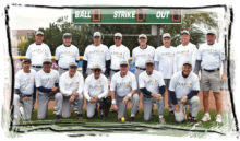 Front row, left to right: Paul Zuckerbrow (manager), Phil Horowitz, Dick Gwilt, Bob Quarantino, Billy Connell, Bob Schraeder, (assistant manager), Ron Johnson; back: Allen Jones, Dan Grimwood, Curtis Chadwick, Steve Urbin, Glenn Grube, Steve Rustman, Craig Hauger, Mark Mowen (assistant manager)