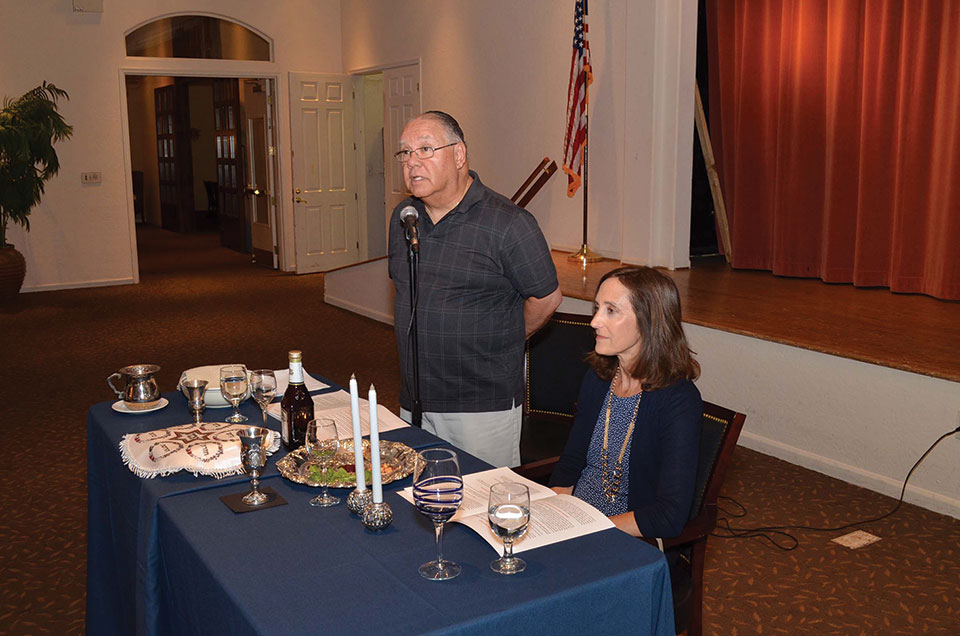 David and Sandy Mednick conducted the service during the Passover Seder; photo by Allen Levine.