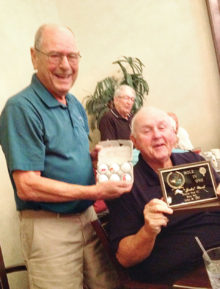 John Ward presented Bunker Boys hole-in-one plaque by Bob Cowan; front row, Bob Cowan, John Ward; back row, Bob Hartsman, Bob Garner, Ken Laychak