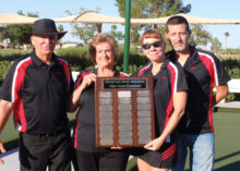 Members of the Thunderbirds team which captured the championship of the Spring Night League are (left to right): Lloyd Smith, Ardys Smith, Amy Potapoff, Alex Potapoff; not pictured are Mike Coombs and Beverly Loding.