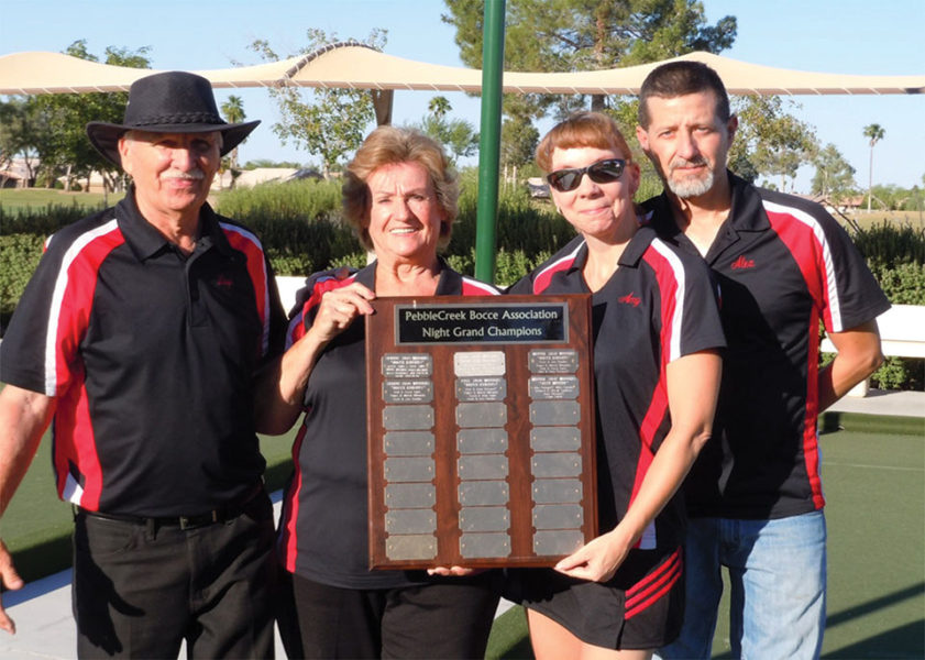 Members of the Thunderbirds team which captured the championship of the Spring Night League are (left to right): Lloyd Smith, Ardys Smith, Amy Potapoff, Alex Potapoff; not pictured are Mike Coombs and Beverly Loding.