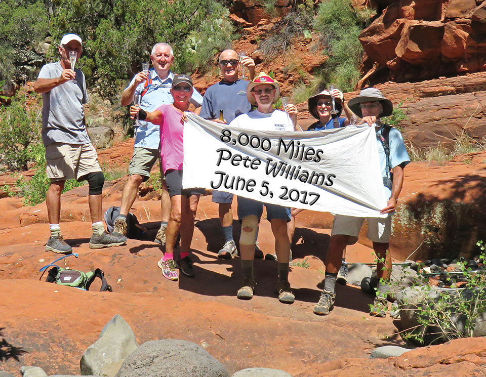Left to right: Clare Bangs, Roger Sanders, Marilyn Reynolds, Wayne Wills, Pete Williams (photographer), Susan Rudoy and Mark Frumkin pause for a short celebration in Woods Canyon in Sedona.