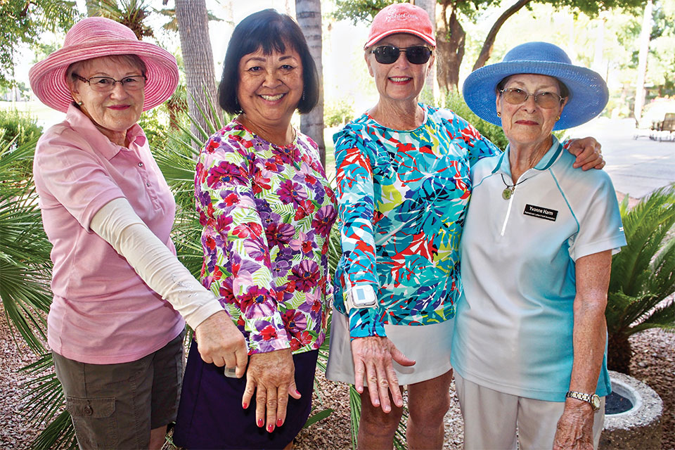 PCL9GA members Wendy Wisser, Patti Halbmaier, Kathy Vienna and Yvonne Harm show off their sun protective shirts and sleeves.