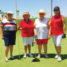 Left to right: Suzan Simons, Pat DeMatties, Ruth Vohs (tied for low net, flight 3), Susan Harris