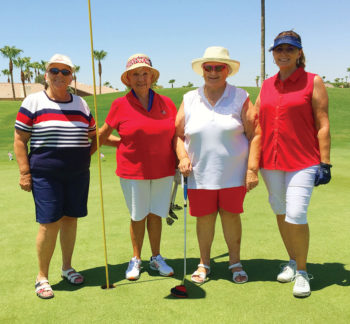 Left to right: Suzan Simons, Pat DeMatties, Ruth Vohs (tied for low net, flight 3), Susan Harris