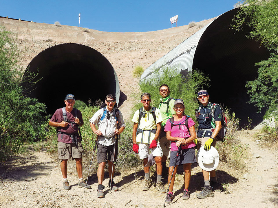 Left to right: Clare Bangs, Bill Halte, Mark Frumkin, Ed Kim, Marilyn Reynolds and Lynn Warren (photographer) pause in Horse Thief Wash after crossing under Bush Highway through the giant culverts.