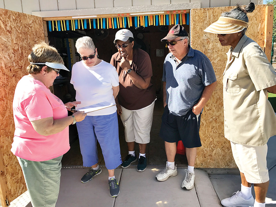 Bocce Ball Association Statistician Carol Gwilt (left) reviews some of the rules with new players Pat Moy, Carolyn Scott, Mike Lewandowski and Laray Bryant on Monday, September 25 at the Bocce Complex located at Eagle’s Nest.