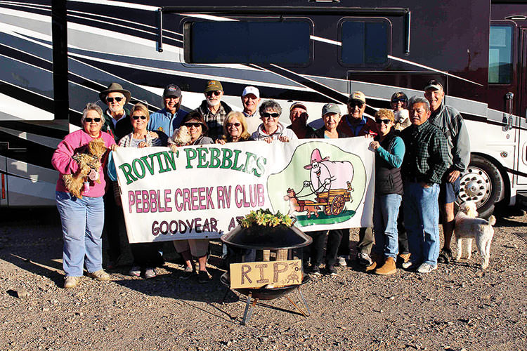 Attending this year’s caravan from left to right were Kathryn Sarter (Wagon Master), Lou and Carolyn Sue DeCarolis, Ted Blaine (Co-Wagon Master), Betty East, Richard Anderson, Virginia Mouw, Terry and Juli Thornton, Jim East, Debbie Blaine (Co-Wagon Master), Phil Batton, Pam Loo (2019 Club President), Marion Hanson Kaucheck, D.K. Loo and David Kaucheck.