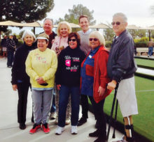 2019 Bocce Board and Fox-10 Reporter Ty Brennan. Backrow (left to right): VP Bill Gavin; President Cheryl Kasselman; Ty Brennan, Fox-10; Front row: Secretary Gail Davidson; Statistician Carol Gwilt; Registration Angela Petter; Public Relations Carolyn Rota and Treasurer, Tom Snyder.
