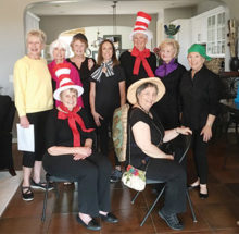 Rehearsing for Story Hour Marcia Alderink and Marilyn Roberts in front. Back (from left): Pam Engel, Trudy Chambers, Sue Burwood, Sandy Mednick, Barbara Dunson, Carole Rausch and KT Tanner.