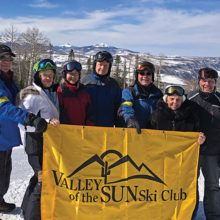 From left to right: Mike and Ellie Love, Sheryl Henke, David Shenton, Ted McGovern and Rose and Lew Geller paused for a quick group photo on the slopes at Telluride.