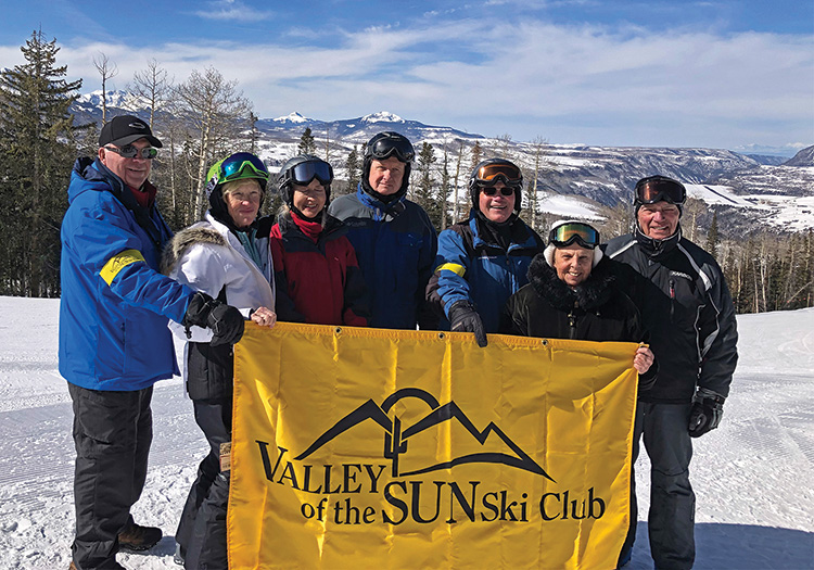 From left to right: Mike and Ellie Love, Sheryl Henke, David Shenton, Ted McGovern and Rose and Lew Geller paused for a quick group photo on the slopes at Telluride.