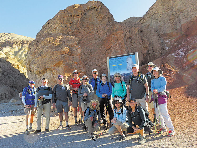 Hikers at the trailhead of Golden Canyon were doing the Golden Valley, Zabriskie Point, Gower Gulch Loop. From left to right in front: Cheryl, Susan and Pat; in the rear: Lynn, Tom, Gary, George, Linda, Wayne, Pam, Nancy, Roger, Dana and Susan.