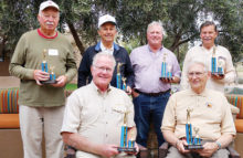 Top shooters from each community at the 2019 Robson Trap Trials. Back row (left to right): Ron Schroer, Robson Ranch; Ted TenBroeck, Sun Lakes; John Hastings, SaddleBrooke; Al Klug, Quail Creek; Seated: Jim Pollock, PebbleCreek and Al Swenson, SaddleBrooke Ranch.