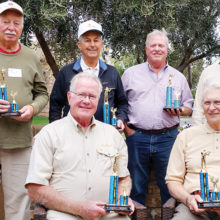 Top shooters from each community at the 2019 Robson Trap Trials. Back row (left to right): Ron Schroer, Robson Ranch; Ted TenBroeck, Sun Lakes; John Hastings, SaddleBrooke; Al Klug, Quail Creek; Seated: Jim Pollock, PebbleCreek and Al Swenson, SaddleBrooke Ranch.