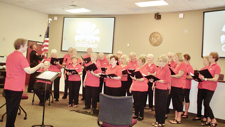 PebbleCreek Singers open the city of Goodyear induction of council meeting with America the Beautiful.