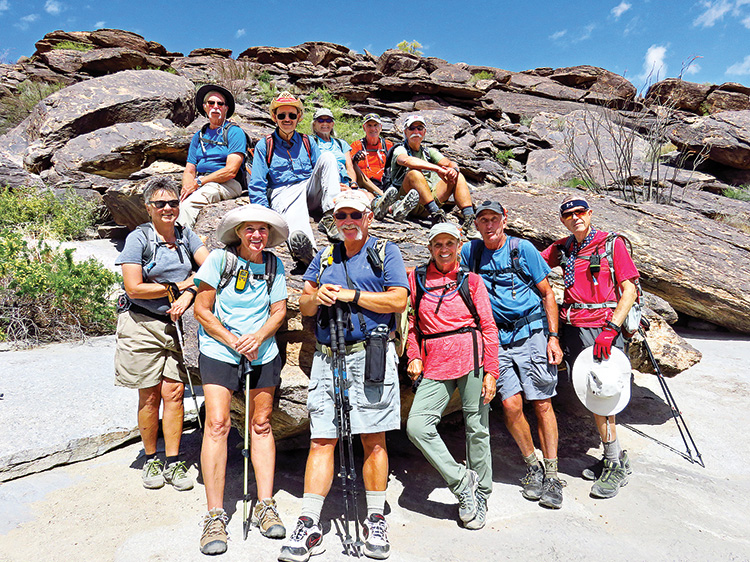Lower row (left-right): Diana, Eileen, Dave, Marilyn, Clare and Lynn (photographer); Upper row: Wayne, Pete (Hike Leader), Ruth, Ed and “Ausy”