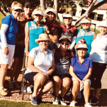 The PCLGA players at LASSI Kick-Off, standing (left–right): Sue White, Chris Cook, Kathi Curtis, Judy Newell, Cherrie Pierson, Donna Havener and Barbara Chilton; Seated: Sharon Johnson, Jean Ostroga and Pat DeMatties.