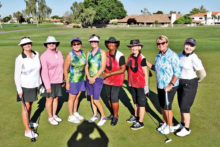 PCLGA players at CAGD Alta Mesa Tournament (left–right): Linda Thompson, Carol Sanders, Peggy Steffan, Cathryn Weaver, Carolyn Sutttles, Jane Hee, Kathy Hubert-Wyss and Barbara Patrow.