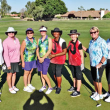 PCLGA players at CAGD Alta Mesa Tournament (left–right): Linda Thompson, Carol Sanders, Peggy Steffan, Cathryn Weaver, Carolyn Sutttles, Jane Hee, Kathy Hubert-Wyss and Barbara Patrow.