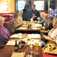 On the right: Judy Peterson, Lucille Thomas, Gloria Kornbluth, Virginia Glenn; Center: excellent server Tina and Emma Mosley; Left: Trudy Johnson, Ronnie Levine, and Penny Schneider.