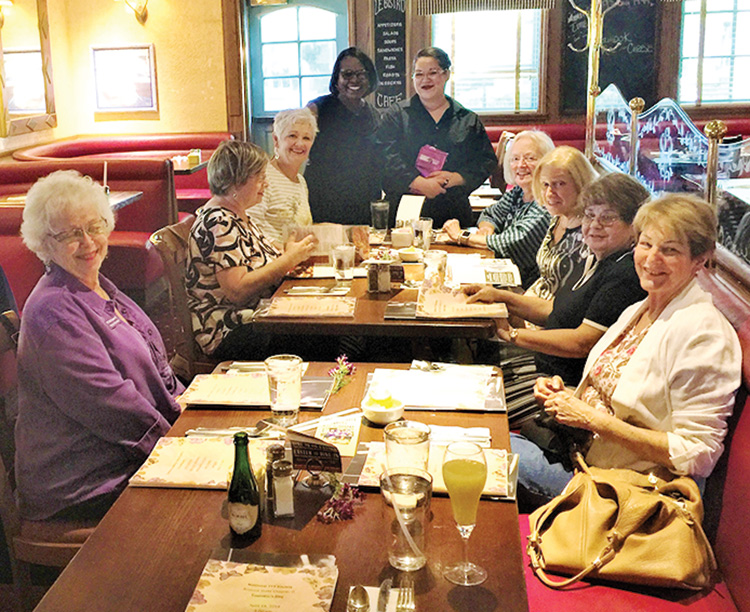 On the right: Judy Peterson, Lucille Thomas, Gloria Kornbluth, Virginia Glenn; Center: excellent server Tina and Emma Mosley; Left: Trudy Johnson, Ronnie Levine, and Penny Schneider.