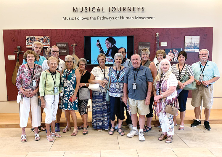 The Singles Club recently sponsored a trip to the Musical Instrument Museum in Phoenix which is one of the top ranked museums in the United States. Front row: Sunny Read, Jan Hansen, Betsy Porter, Margarette Rosenthal, Charla Cupit, Frank Rodgers, and Gail Montgomery; Back row: David Johnson, Rick Blatnik, Tisha Johnson, Jerry Ahlers, Nancy Moore, Charlene Decker, Jerry Nuttall, and Bill Ramirez.
