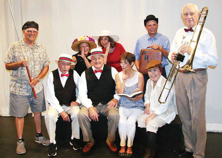 Cast members include (left to right): John Fuhrmann (Marcellus), Dan Baker and Ray Hadden (school board Members), Donna Prinz and Shotzie Workman (Pick-A-Littles), Nancy Davis (Marian), Susie Moy (Winthrop), Chuck Kelly (anvil salesman), and Jack Coate (Professor Hill).