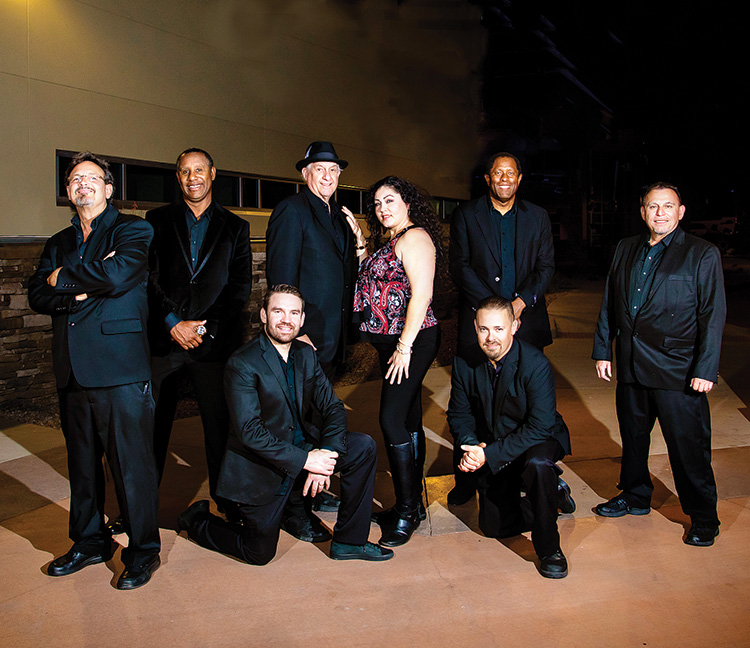 Rhythm Edition variety dance and show band. Top (left to right): Mark Smith, Duane McClendon, Dennis Fike, Gloria Roblez, Charles Newton, and Ray Delgadillo. Bottom: Ruzo Vallalba and Mike Dominguez.