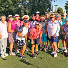 PCLGA tournament participants. Front row (left to right): Cindy Sota, Andrea Dilger, Kathy Hubert-Wyss, Marilyn Reynolds; Back row: Louise Levanti, Carol Sanders, Linda Thompson, Layne Sheridan, Carolyn Suttles, Liz Mitchell, Jane Hee, Mary Falso, Ellen Enright, and Sheri Sears. Not pictured: Donnie Meyers.