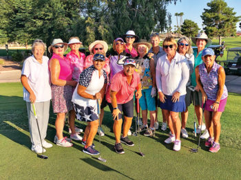 PCLGA tournament participants. Front row (left to right): Cindy Sota, Andrea Dilger, Kathy Hubert-Wyss, Marilyn Reynolds; Back row: Louise Levanti, Carol Sanders, Linda Thompson, Layne Sheridan, Carolyn Suttles, Liz Mitchell, Jane Hee, Mary Falso, Ellen Enright, and Sheri Sears. Not pictured: Donnie Meyers.