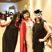 Left to right: guest, Chimene Clarks Olynyk; FFF members Valerie Allman and Pam Jackson—all decked out in their latest Masquerade Ball outfits