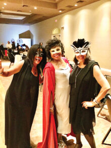 Left to right: guest, Chimene Clarks Olynyk; FFF members Valerie Allman and Pam Jackson—all decked out in their latest Masquerade Ball outfits