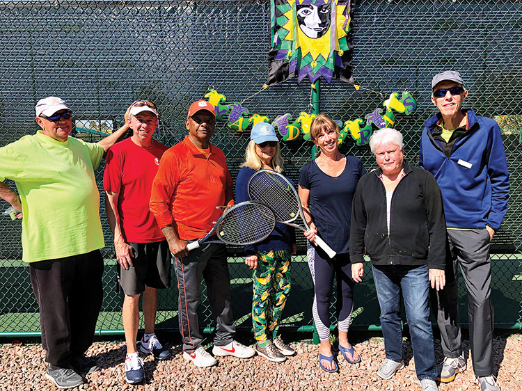 (Left to right): Steve Farley, Dennis Whitley (PC Tennis Club president), Ackie Jackson, Betsy Porter, Joan Patchin (PC Tennis Club social director), Barbara Farley, and Fred Carlson