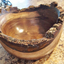 Chuck Schuldt, also known as WoodChuck by his fellow carvers, “turned” a bowl. Chuck commented, “It is called a "live edge bowl" because I’ve finished the bowl with the bark on it. I had to make the walls a little thicker than I would have normally to keep the bark intact. The bowl is nine inches outside. Please note that I was also able to retain some moss on the edge/bark. The bowl is from black walnut that a friend of mine gave me. It was a little green and was relatively easy to turn. I turned the bowl from the side of the piece of wood, giving it the "dished" look from the side view.”