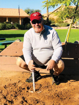 Mike Mondzak celebrates his first ringer Dec. 1. Horseshoe enthusiasts of all abilities are welcome to play Tuesdays at 9:30 a.m. at PebbleCreek’s Sunrise Park.
