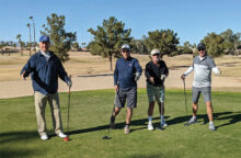 PCM9GA’s “Not the Jersey Boys” show off their best song and dance before teeing off. Left to right: Steve Rottger, Bruce Dice, Tim Munson, and Scott Crawford